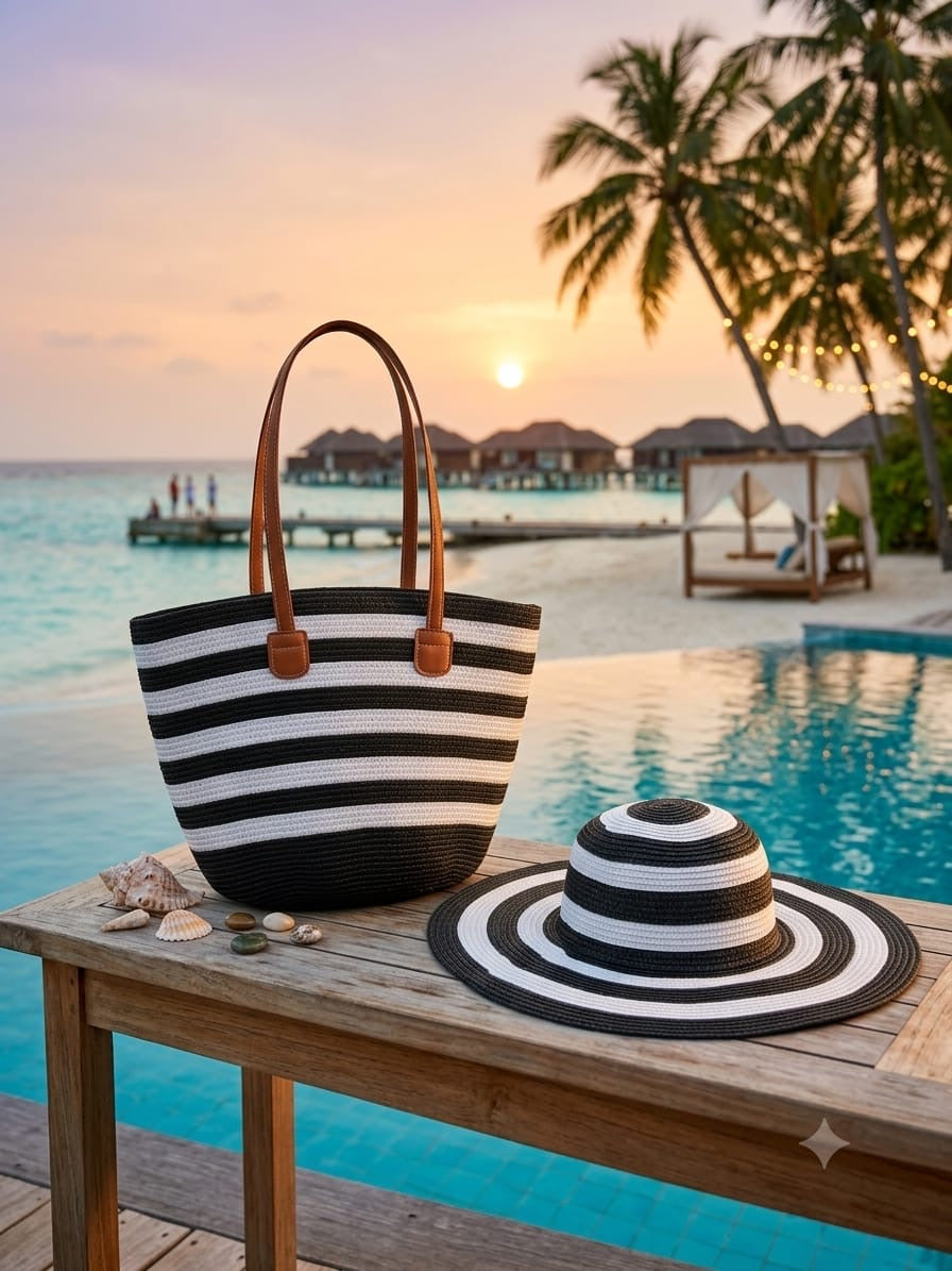 Veleanor Coastal Chic Woven Tote Bag – Striped Beach & Summer Handbag