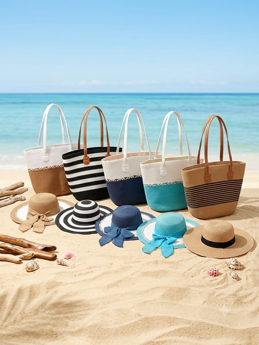 Veleanor Coastal Chic Woven Tote Bag – Striped Beach & Summer Handbag