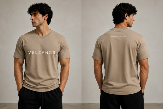 Veleanor Premium Men's Beige Solid Cotton French terry Round Neck T-Shirt