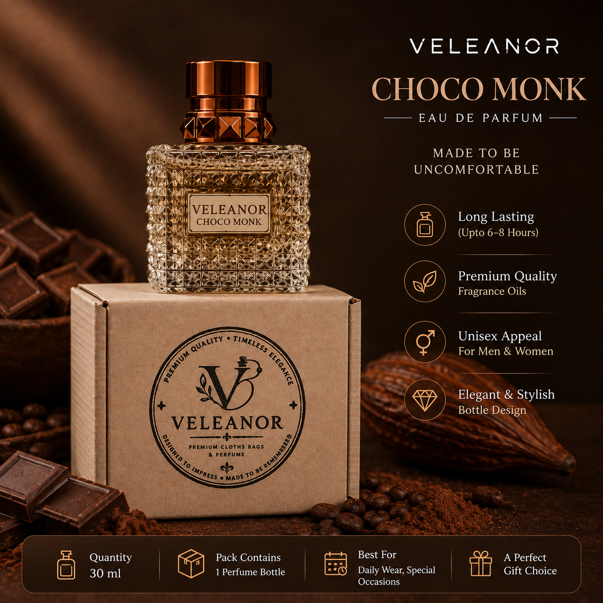Veleanor Choco Monk | Unisex Long Lasting Premium Perfume | 30 ml